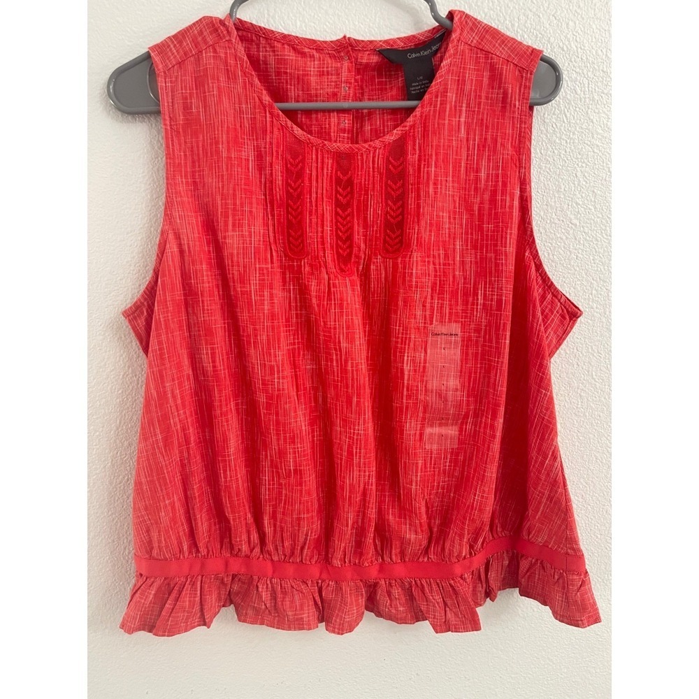 Calvin Klein Jeans Red Orange Lace Ruffle Hem Sleeveless Top Size L NEW WITH TAG